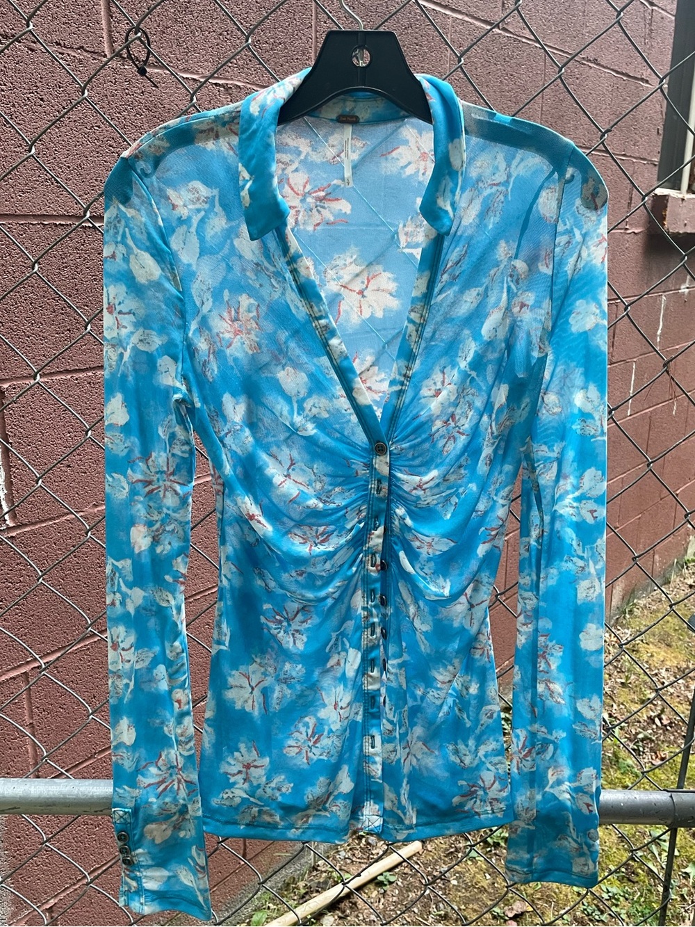 Free People Blue Floral Sheer Button Up Top Small